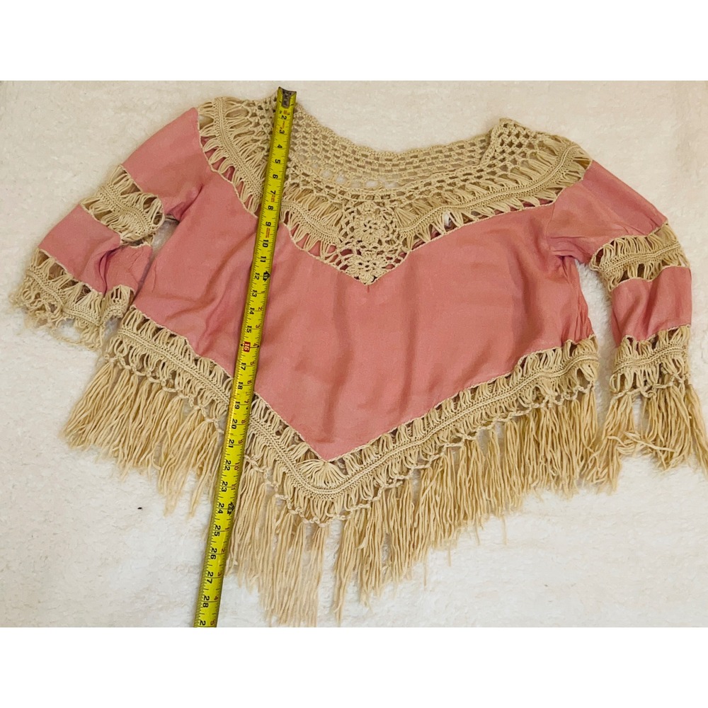 Umgee Pink Crochet Lace Fringe Boho Poncho Top Blouse Small Western Festival - Picture 3 of 6